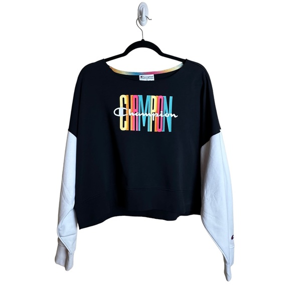 Champion Campus French Terry Crewneck Sweatshirt Black White Rainbow Size Large - Picture 1 of 12